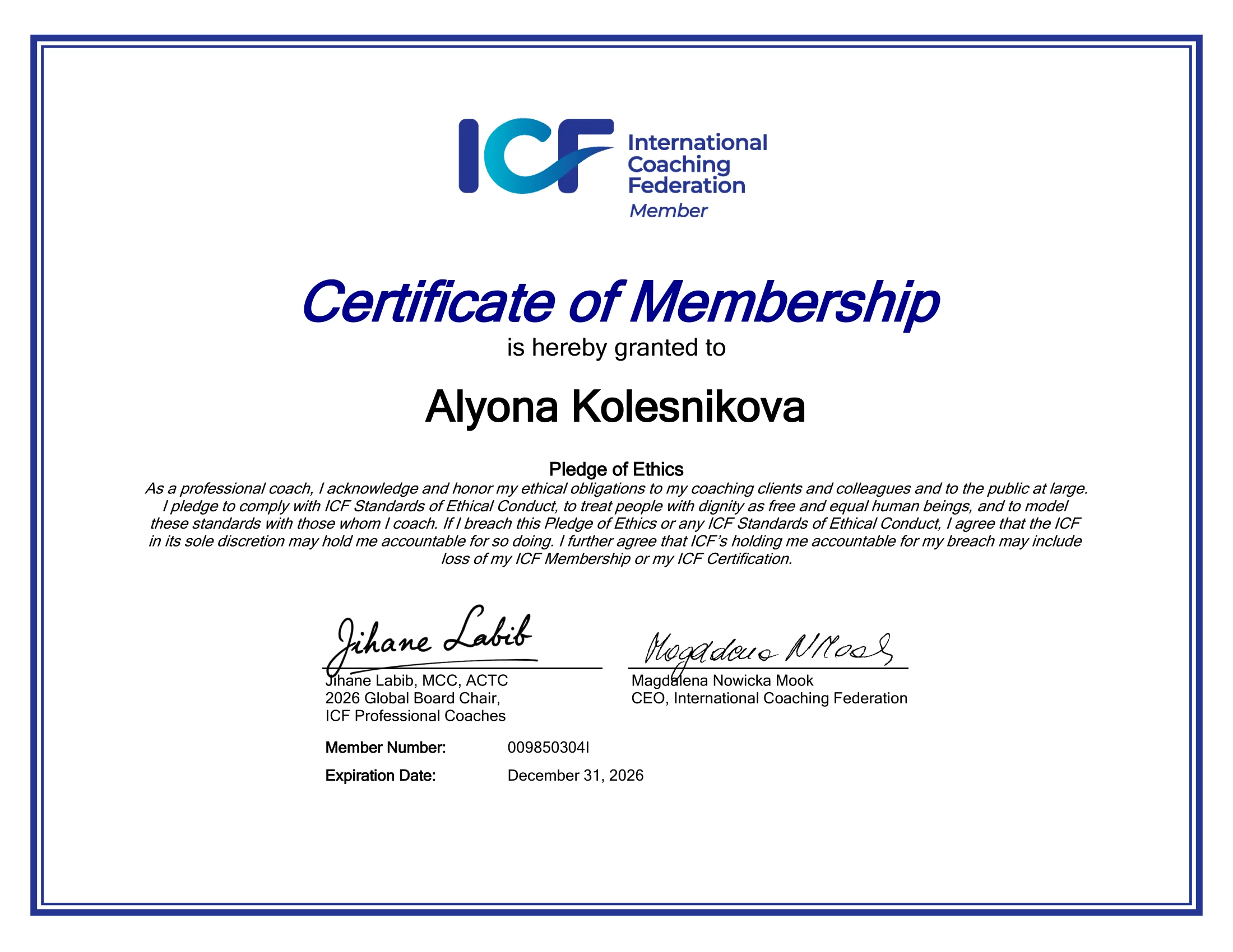 ICF Membership certificate